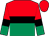 Red and emerald green halved horizontally, black hoop, red and emerald green halved sleeves, black armlets, red cap