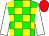 Green, yellow checked, white sleeves, red cap