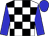 White, black checked, blue sleeves, blue cap