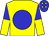 Yellow, blue disc, blue, yellow halved sleeves, blue, yellow diamonds cap