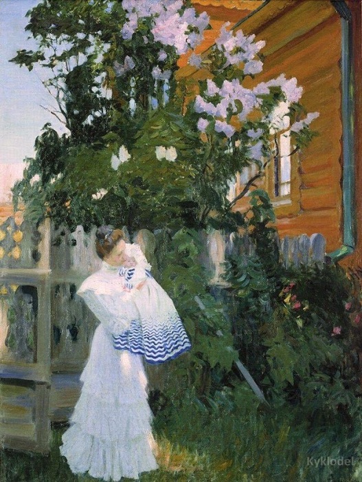 Знаменитое Утро, изображающее молодую жену с маленьким сыном, было написано Кустодиевым в Париже, в 1904 году.