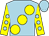 Light blue, large yellow spots, yellow sleeves, light blue spots, large blue cap