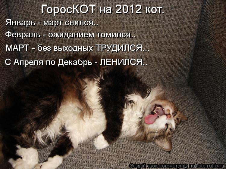 Январь - март снился.. ГоросКОТ на 2012 кот. Февраль - ожиданием томился.. МАРТ - без выходных ТРУДИЛ... Январь - март снился.. ГоросКОТ на 2012 кот. Февраль - ожиданием томился.. МАРТ - без выходных ТРУДИЛСЯ... С Апреля по Декабрь - ЛЕНИЛСЯ..