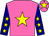 Hot pink, yellow star, navy blue sleeves, yellow stars, hot pink cap, yellow star