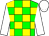 Green, yellow checked, white sleeves, white cap