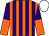 Purple, orange striped, purple, orange halved sleeves, white cap
