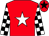 Red, white star, black and white check sleeves, red cap, black star