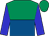 Emerald green and royal blue (halved horizontally), blue sleeves, emerald green cap