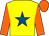 Yellow, royal blue star, orange sleeves and cap