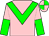 Pink, green chevron, pink, green halved sleeves, pink, green quartered cap