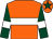 Orange, white hoop, dark green sleeves, white armlets, orange cap, dark green star
