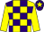 Yellow & purple check, yellow sleeves, purple cap, yellow star