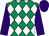 Emerald green and white diamonds, purple sleeves and cap