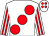 White, large red spots, striped sleeves and spots on cap