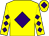 Yellow, purple diamond, diamonds on sleeves, yellow cap, purple diamond