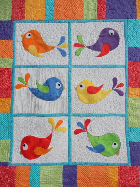 Bright baby or toddler bird applique and patchwork cot quilt