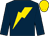 dark blue, gold lightning bolt, dark blue sleeves, gold armlets with white stripe, gold cap