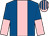 Royal blue, pink stripe, pink and royal blue halved sleeves, pink and royal blue striped cap
