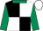 Black and white (quartered), emerald green collar and sleeves, white cap