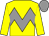 Yellow, grey chevron hoop, yellow, grey hoop sleeves, grey cap