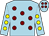 Light blue, maroon spots, light blue sleeves, yellow spots, light blue cap, maroon spots