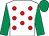 White, red spots, emerald green sleeves & cap