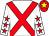 White, red cross belts, white sleeves, red stars, red cap, yellow star