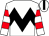 White, black chevron hoop, white sleeves, red hoops, white cap,  black stripe
