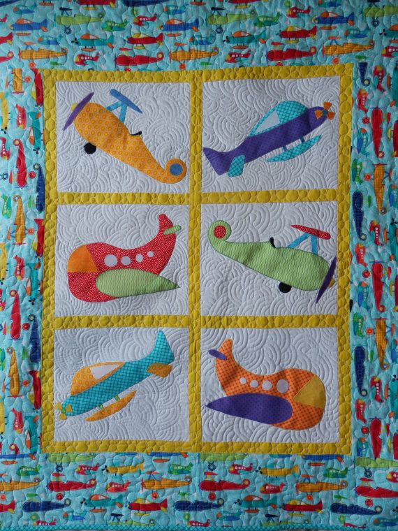 Baby boy or toddler plane applique and patchwork cot quilt