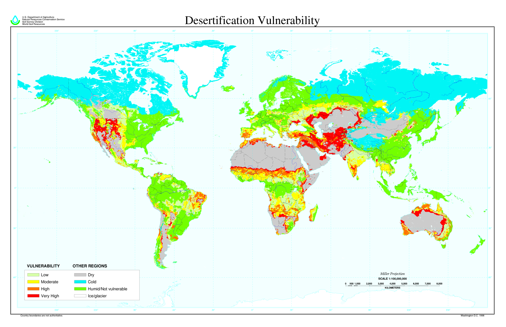 Карта опустынивания Земли: светло-жёлтый цвет — низкая угроза опустынивания, жёлтый цвет — умеренная угроза, красный — очень высокая угроза